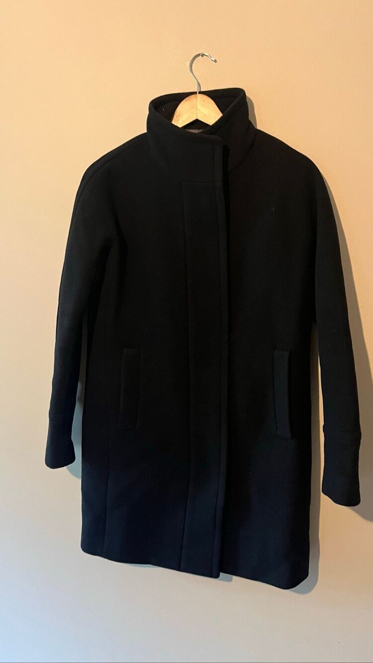 J.Crew Stadium Cloth Black Wool Blend Stand Collar Zip Coat Jacket Size 00 - Picture 2 of 10